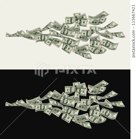 Money dollar horizontal composition with flying out 100 dollar notes, banknotes, bills. Illustration, design element in vintage style. 115667421