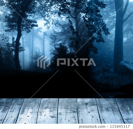 Halloween banner with scary forestland and blank wooden table top. Wood terrace flooring and night forest. Scary mysterious woodland. Photo toned in blue color 115845317