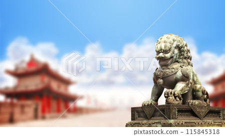 Horizontal background with ancient pavilions and lion statue in Forbidden City. Bronze chinese guardian lion, Beijing, China 115845318