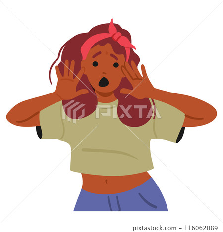 Cartoon Illustration Of Young Female Character With An Expression Of Shock, Anxiety And Fear. Woman With Hands On Face 116062089