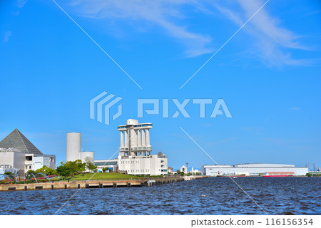 Aichi Prefecture Nagoya cityscape: Blue sky and white clouds at Nagoya Port 116156354