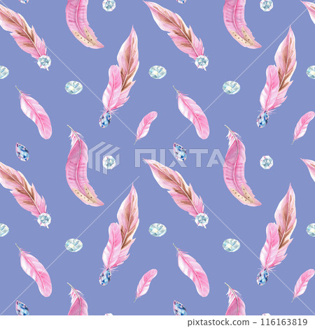 Watercolor Seamless Pattern with Pink Feathers and Jewelry Crystals or Beads on blue background. Hand drawn watercolor illustration. Can be used for fabric, textile and packaging prints. 116163819