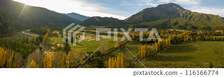 Panoramic view of mountains Andes vallery and road in Chile. 116166774