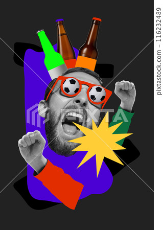 Lively sports fan, man in soccer-themed glasses shouts with excitement, surrounded by beer bottles and abstract colorful elements. Contemporary art collage. 116232489