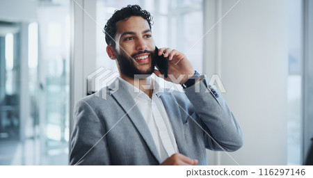 Office, smile and businessman with phone call in communication for company, planning and discussion. Happy, attorney and person with tech at law firm for legal advice, consulting and update to client 116297146