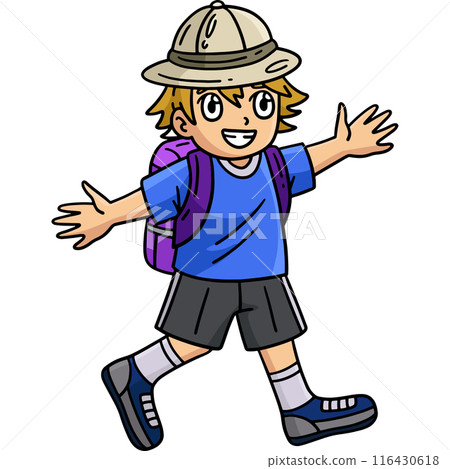 Camping Happy Camper Boy Walking Cartoon Clipart  116430618