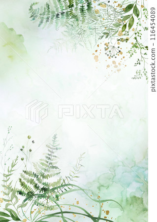 Wedding vertical background with Watercolor fern and botanical green leaves, copy space 116454089