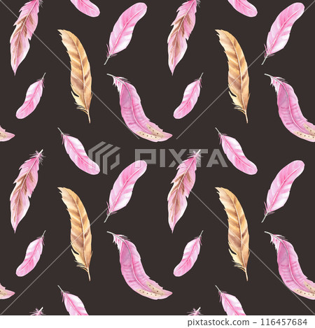 Seamless Pattern with Pink and Beige Feathers. Watercolor Hand Drawn Illustration on a black background. Can be used for fabric, textile and packaging prints. 116457684