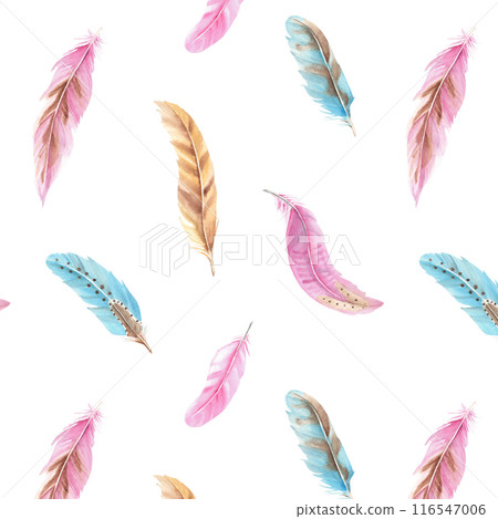 Colored Feathers Watercolor seamless pattern on white background. Hand drawn illustration. Can be used for fabric, textile and packaging prints. 116547006