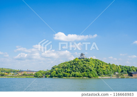 View of the national treasure, Inuyama Castle, from the Kiso River Highway on the Gifu side 116668983