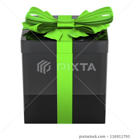 Black Gift Box with green ribbon and bow. 3D rendering 116911793