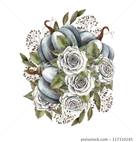 Black pumpkins, vintage white roses with green leaves, dry branches. Watercolor handmade botanical bouquet in Gothic style. Suitable for Halloween holiday and autumn design, cards, packaging, posters 117310285