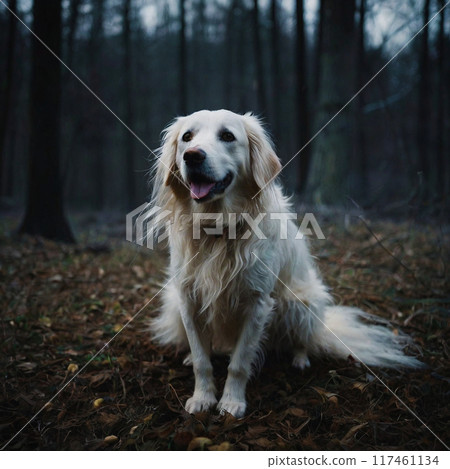 Dog sitting in gloomy autumn forest 117461134