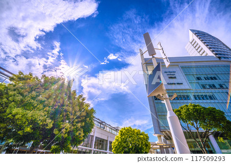 Yokohama cityscape in Japan, overlooking street lights powered by renewable energy in the square in front of JR Sakuragicho Station (August 17) 117509293