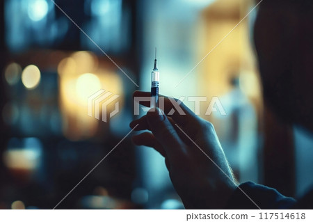 Man holding syringe with blurred background in dark room 117514618