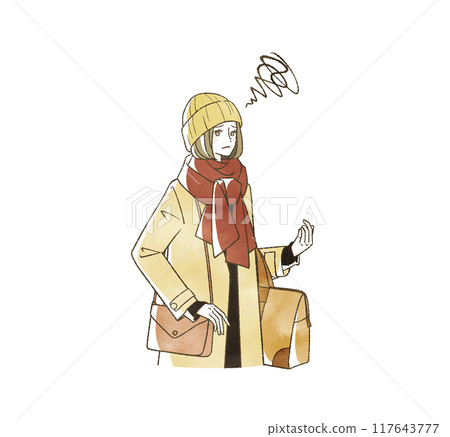 A woman with a troubled expression traveling in winter 117643777