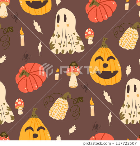 Halloween seamless pattern. All Hallows' Eve continuous background. Pumpkins, holiday ghosts, mushrooms repeat surface cover. Jack o lantern. Vector hand drawn flat illustration. 117722507