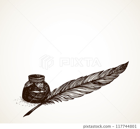 Vector freehand drawing of ancient pen and inkwell 117744801