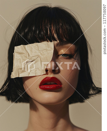 Woman with paper eye patch in fine art portrait 117758097