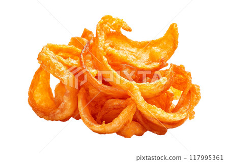 Pile of crispy curly onion fries isolated on a white background. Concept of fast food snacks. 117995361