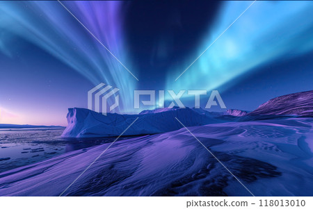 Aurora lights illuminate the sky above a glacier in Greenland 118013010