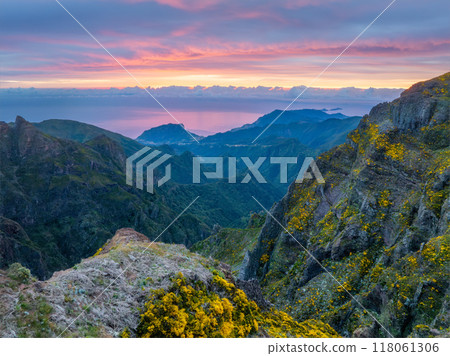 Mountains on sunrise covered in fog and clouds. Madeira island, Portugal 118061306