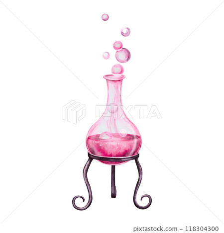 Glass transparent flask, bottle with pink liquid, test tube with love potion, magic elixir. Attributes for Halloween, Sabbath, Valentine's Day. Accessory of a witch, sorceress, fortune teller, chemist 118304300