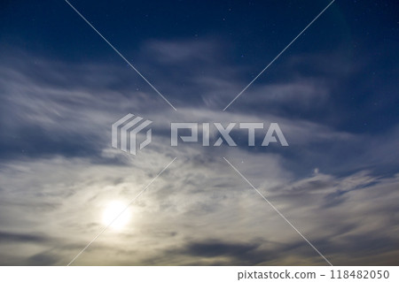 Beautiful fantastic bright high blue sky with soft puffy white clouds, symbol of purity and holiness, kingdom of fantasy and imagination. 118482050