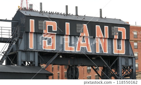 New York City Gantry Plaza old dock pier, Long Island sign, Hunters Point, Queens, United States. 118550162