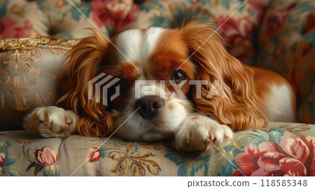 Cavalier King Charles Spaniel in luxurious settings with chandeliers, antique furniture, and tapestries 118585348