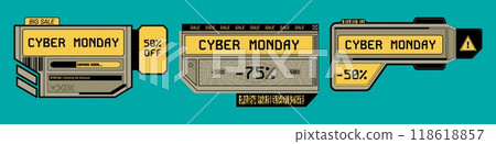 Cyber monday sale labels. Futuristic offers, discount tags and digital tech themed promotional labels. Cyberpunk aesthetic online shopping promotions vector banners template set 118618857