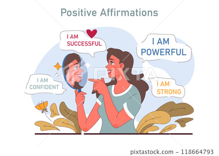 Positive psychology. Positive thinking and attitude. Optimistic mindset, self acceptance and well-being. Young woman working on her mental health with positive affirmations. Flat vector illustration 118664793