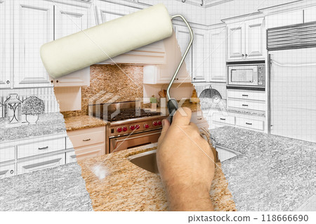 Before and After of Man Painting Roller to Reveal Custom Kitchen Photograph Under Pencil Sketch Drawing Plans. 118666690