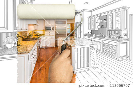 Before and After of Man Painting Roller to Reveal Custom Kitchen Photograph Under Pencil Sketch Drawing Plans. 118666707