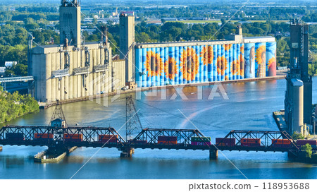 Aerial View of Toledo Grain Silos Mural and Railway Bridge over Maumee River 118953688