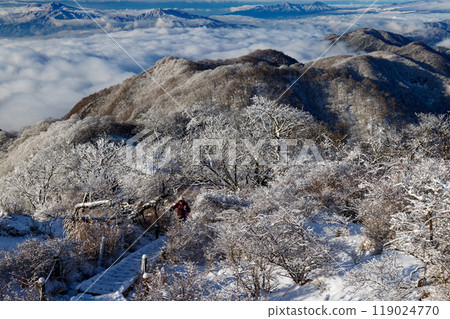 丹澤市塔野嶽山頂下的樹霜和登山者 119024770