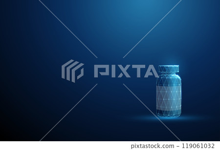 Blue plastic bottle with medicine. Treatment concept. Low poly futuristic style. 119061032