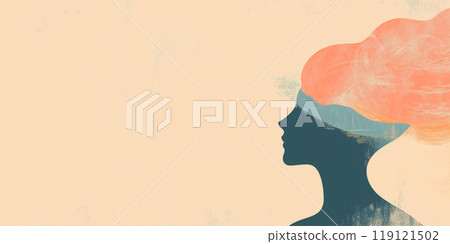 World Mental Health Day. Woman silhouette showing inner beauty with nature landscape in hair. Copy space, banner 119121502