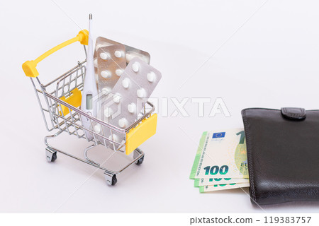 Pills and Capsules in a Shopping Cart and Black Wallet with Euro Money 119383757