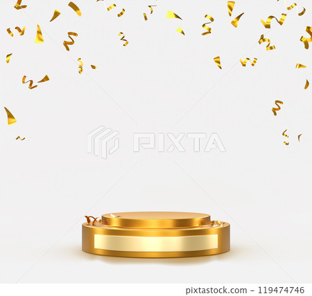 3d gold podium with falling confetti render background. Prize winner award ceremony stage or luxury product presentation. Golden metal round pedestal, scene with flying glitter ribbon. 3D illustration 119474746