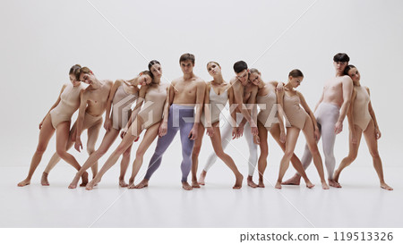 Contemporary ballet group in synchronized pose against light background. 119513326