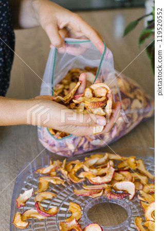 Woman Sealing Dried Apples in Plastic Bag at Home 119520552