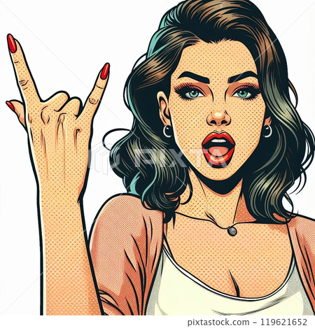 Woman making rock hand gesture. Pop art style illustration of surprised woman with dark hair and red lipstick. Comic book effect 119621652