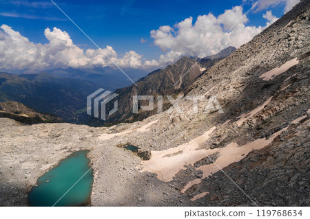 Turquoise mountain lake with snow patches in alpine rocky landscape 119768634