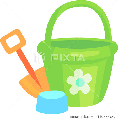 Cartoon style vector illustration of a green plastic bucket with shovel and sandcastle mold, isolated on white background 119777529