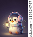 Penguin Wearing Cozy Earmuffs, Holding Lantern Beneath a Starry Winter Sky 119824747