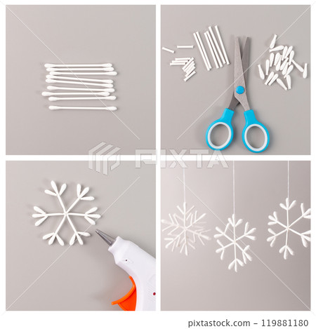 DIY snowflake ornaments made from cotton swabs, displayed in step-by-step collage with hot glue gun and scissors. Perfect for Christmas crafting ideas, holiday decor, and winter project tutorials 119881180