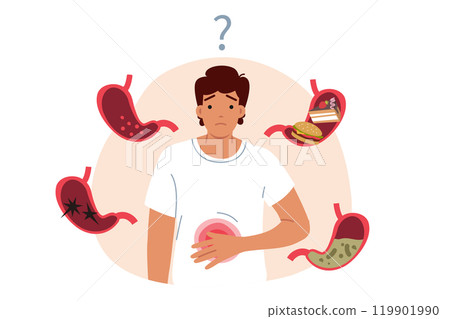 Digestive problems in man standing among stomachs are caused by unknown reasons. 119901990