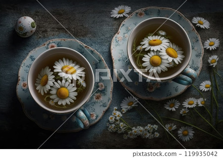 Cups of tea and beautiful flowers. Refined vintage dishes. Generative Ai 119935042