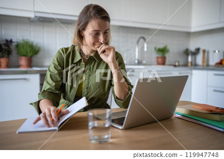 Pensive female working on laptop computer at home, smiling being satisfied with work results 119947748